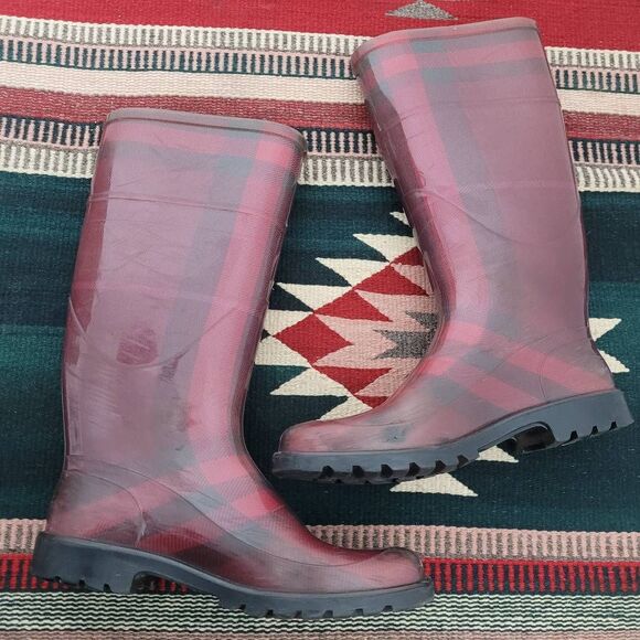 Burberry Burgundy Red Check Rubber Rain Boots Sz 37 US 7 Knee High Designer - Picture 4 of 6